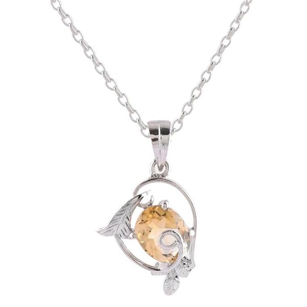 Alternate image for Leaf Pattern Rhodium Plated Citrine Pendant Necklace Golden Glimmer