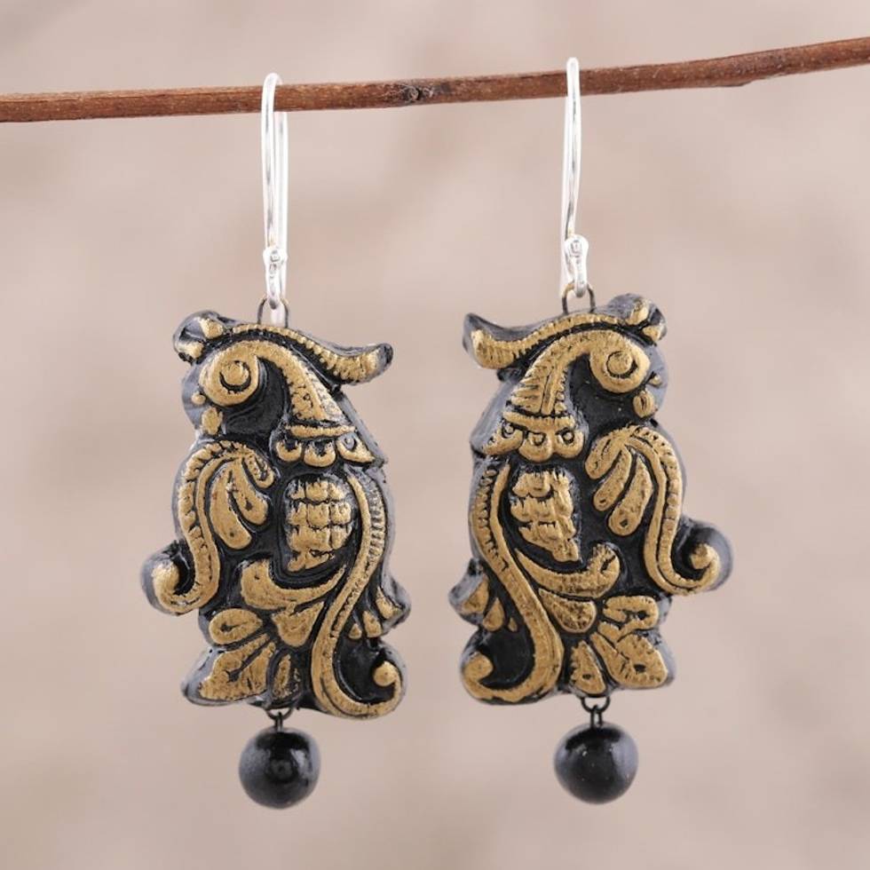 Golden Peacock Ceramic Dangle Earrings from India 'Peacock Royalty'
