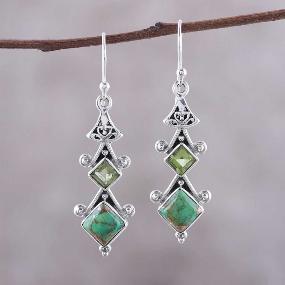 Square Peridot and Composite Turquoise Dangle Earrings 'Tower Charm'