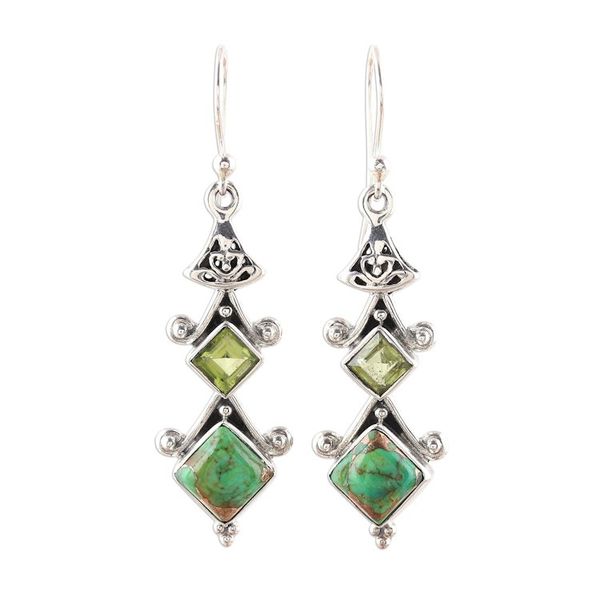 Alternate image for Square Peridot and Composite Turquoise Dangle Earrings Tower Charm