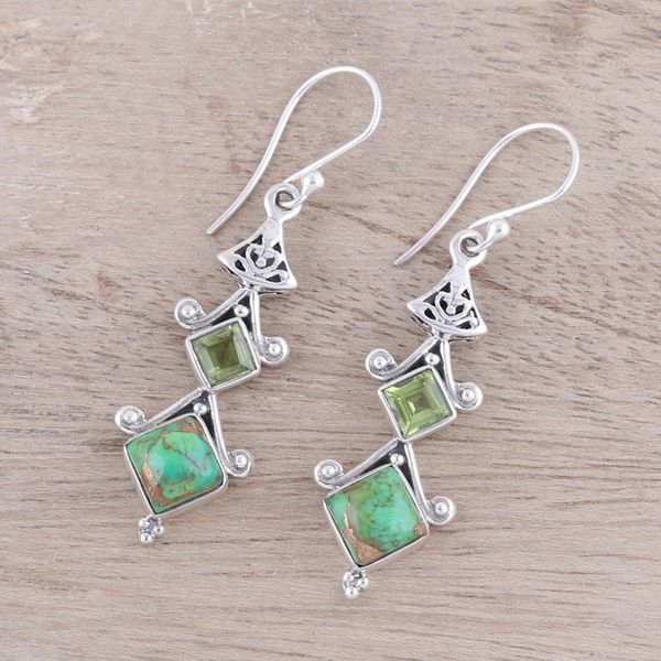 Alternate image for Square Peridot and Composite Turquoise Dangle Earrings Tower Charm