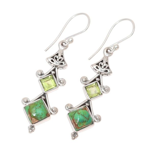 Alternate image for Square Peridot and Composite Turquoise Dangle Earrings Tower Charm