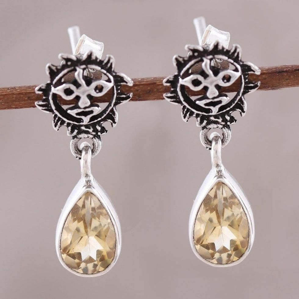 Indian Sterling Silver Yellow Citrine Sunny Dangle Earrings 'Rays of Sunshine'