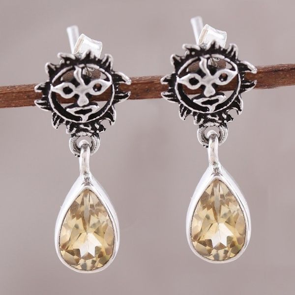 Alternate image for Indian Sterling Silver Yellow Citrine Sunny Dangle Earrings Rays of Sunshine