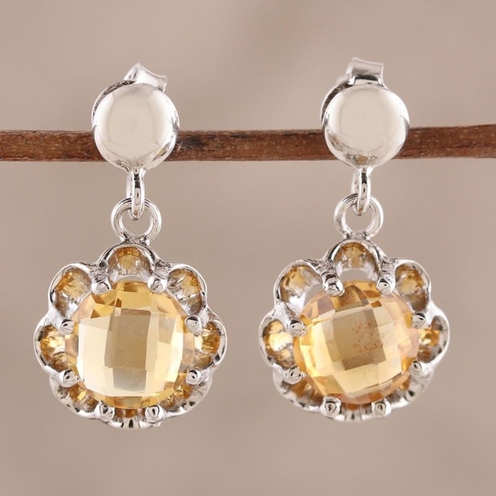 4-Carat Rhodium Plated Citrine Dangle Earrings from India 'Golden Glitter'
