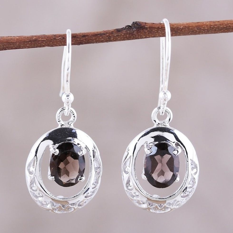 Rhodium-Plated Sterling Silver Smoky Quartz Dangle Earrings 'Sparkling Reflections'