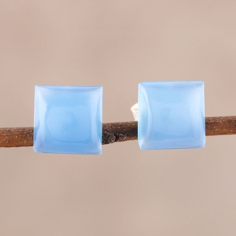 Square Blue Chalcedony Stud Earrings from India 'Contemporary Corners'