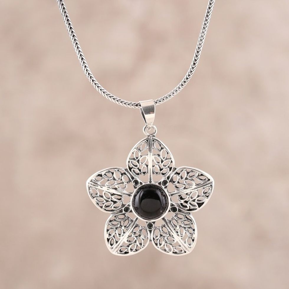 Floral Onyx Pendant Necklace from India 'Delightful Midnight'
