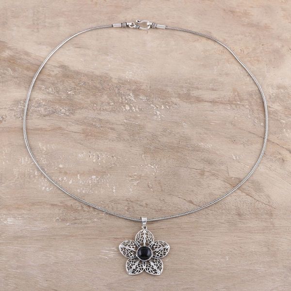 Alternate image for Floral Onyx Pendant Necklace from India Delightful Midnight