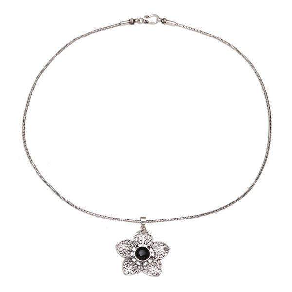 Alternate image for Floral Onyx Pendant Necklace from India Delightful Midnight