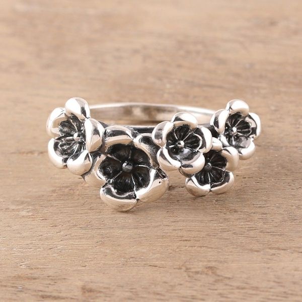 Alternate image for Combination Finish Sterling Silver Cocktail Ring from India Floral Contrast