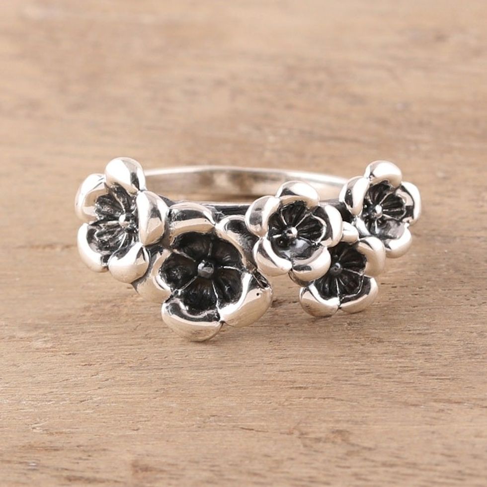 Combination Finish Sterling Silver Cocktail Ring from India 'Floral Contrast'