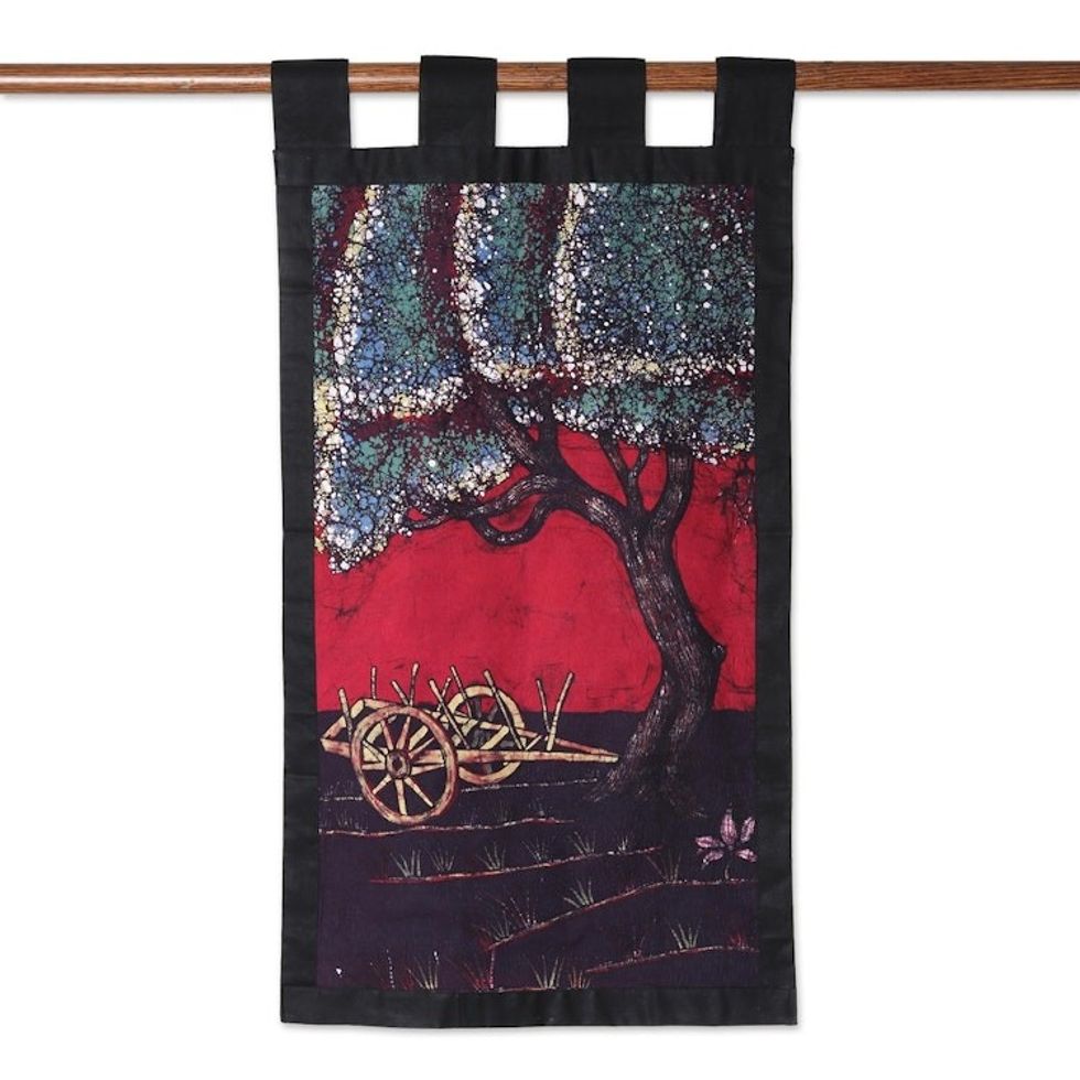 Village Scene Batik Cotton Wall Hanging from India 'Spring Village Scene'