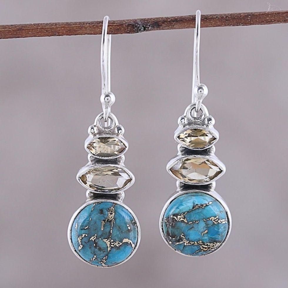 Citrine and Composite Turquoise Dangle Earrings from India 'Peaceful Dazzle'