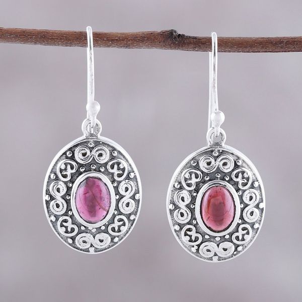 Alternate image for Swirl Motif Oval Garnet Dangle Earrings from India Swirling Ellipse