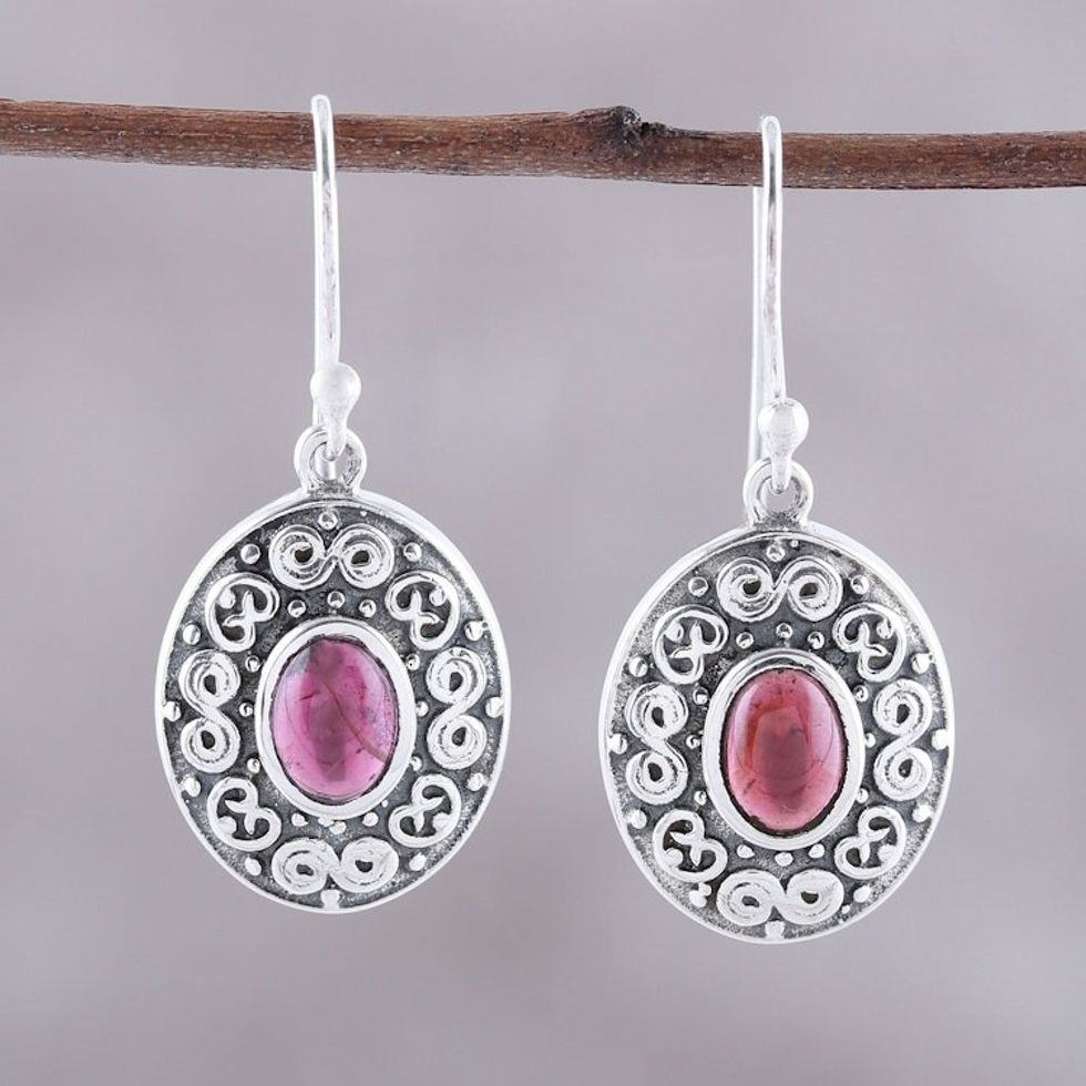 Swirl Motif Oval Garnet Dangle Earrings from India 'Swirling Ellipse'