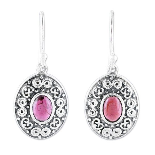 Alternate image for Swirl Motif Oval Garnet Dangle Earrings from India Swirling Ellipse