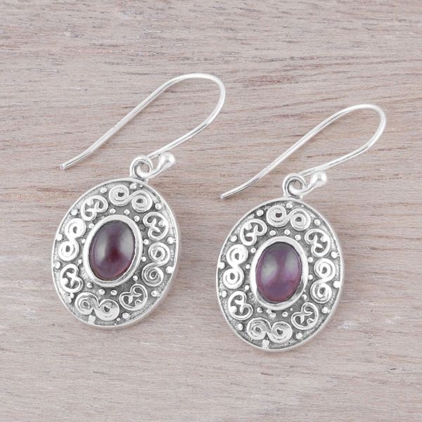 Alternate image for Swirl Motif Oval Garnet Dangle Earrings from India Swirling Ellipse