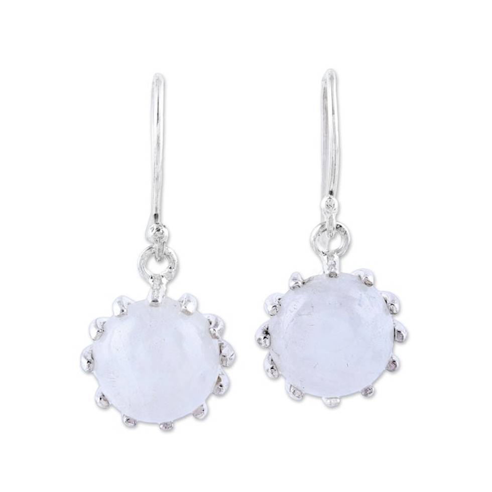 Round Sterling Silver and Rainbow Moonstone Dangle Earrings 'Daylight Bloom'