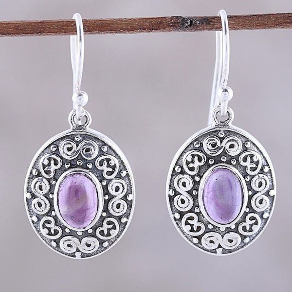 Alternate image for Swirl Motif Oval Amethyst Dangle Earrings from India Swirling Ellipse