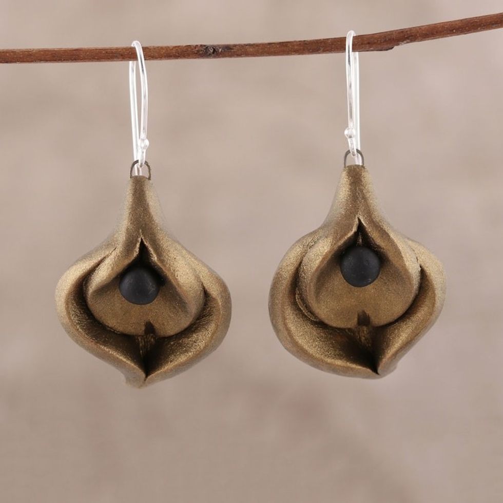 Artisan Crafted Ceramic Dangle Earrings with Petal Motifs 'Charming Petals'