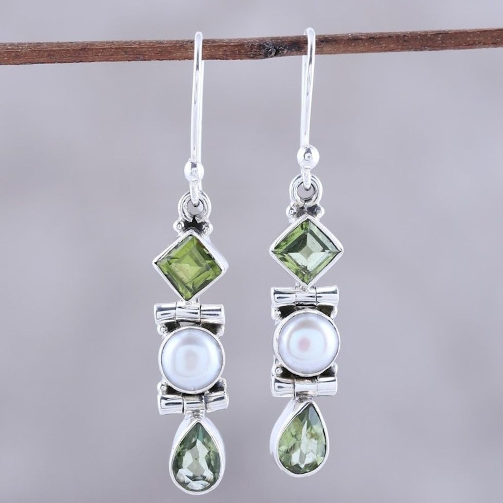 Peridot and Cultured Pearl Dangle Earrings from India 'Classic Fusion'