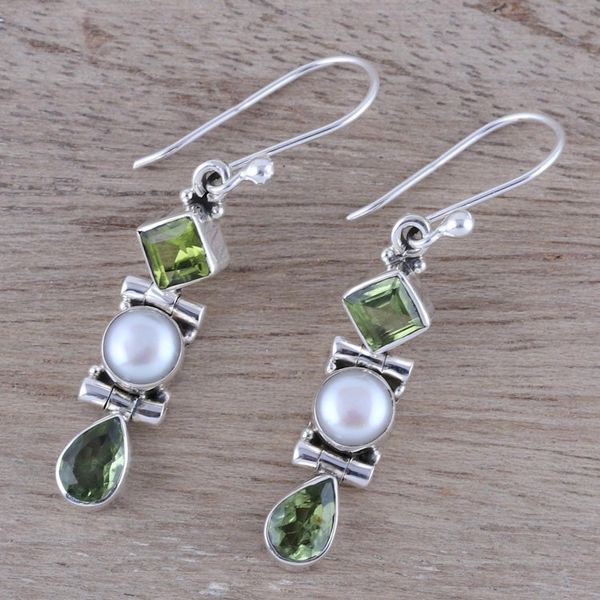 Alternate image for Peridot and Cultured Pearl Dangle Earrings from India Classic Fusion