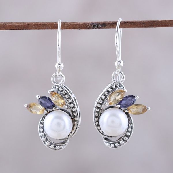 Alternate image for Silver Cultured Pearl Citrine and Iolite Dangle Earrings Eternal Essence in White