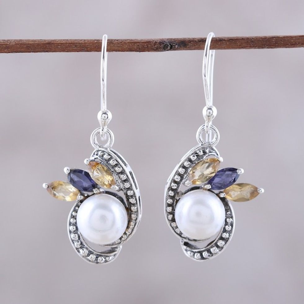 Silver Cultured Pearl Citrine and Iolite Dangle Earrings 'Eternal Essence in White'