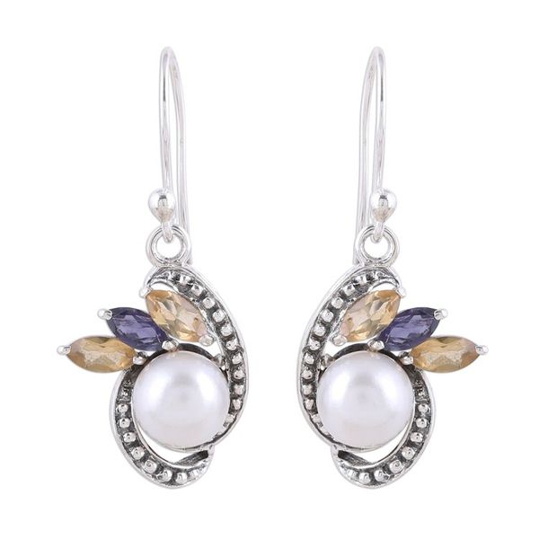 Alternate image for Silver Cultured Pearl Citrine and Iolite Dangle Earrings Eternal Essence in White