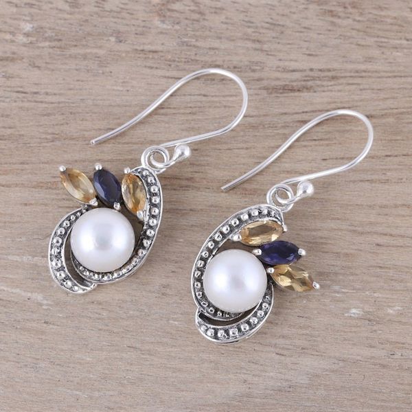Alternate image for Silver Cultured Pearl Citrine and Iolite Dangle Earrings Eternal Essence in White
