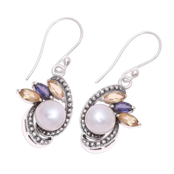 Alternate image for Silver Cultured Pearl Citrine and Iolite Dangle Earrings Eternal Essence in White