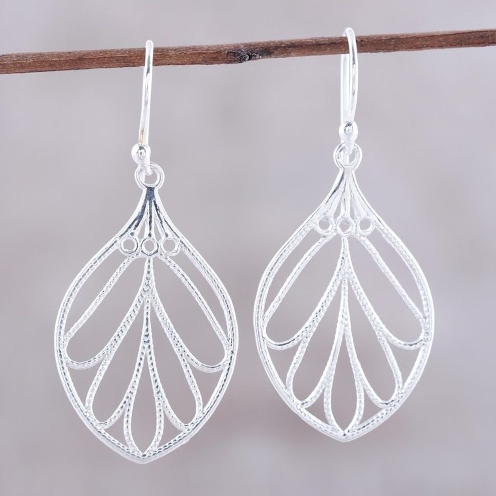 Leaf-Shaped Sterling Silver Dangle Earrings from India 'Leafy Spark'