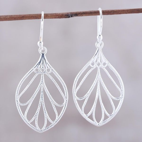 Alternate image for Leaf-Shaped Sterling Silver Dangle Earrings from India Leafy Spark
