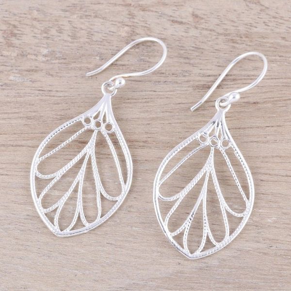 Alternate image for Leaf-Shaped Sterling Silver Dangle Earrings from India Leafy Spark