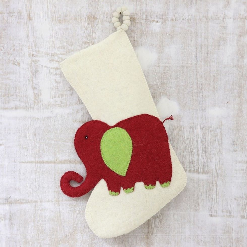 Red Green and Ivory Elephant Theme Stocking 'Holiday Elephant in Red'