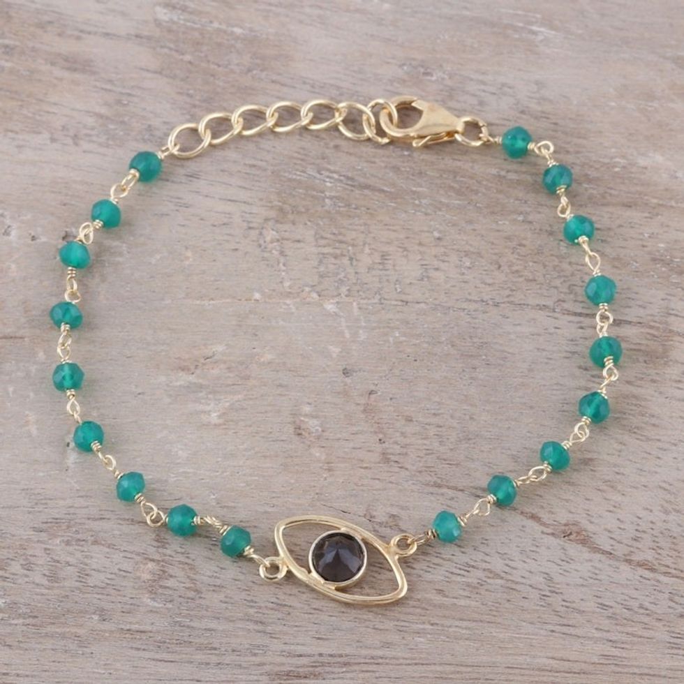 Gold Plated Smoky Quartz and Onyx Pendant Bracelet 'All Eyes on You'