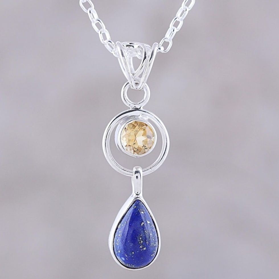 Lapis Lazuli and Citrine Pendant Necklace from India 'Gleaming Midnight'