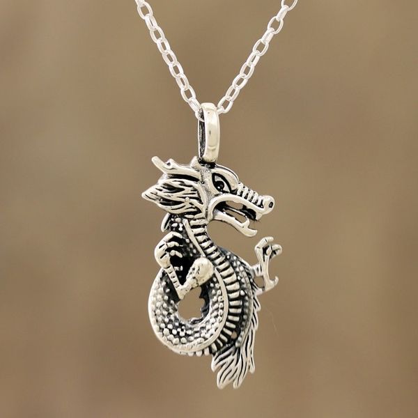 Alternate image for Sterling Silver Dragon Pendant Necklace from India Fearsome Dragon