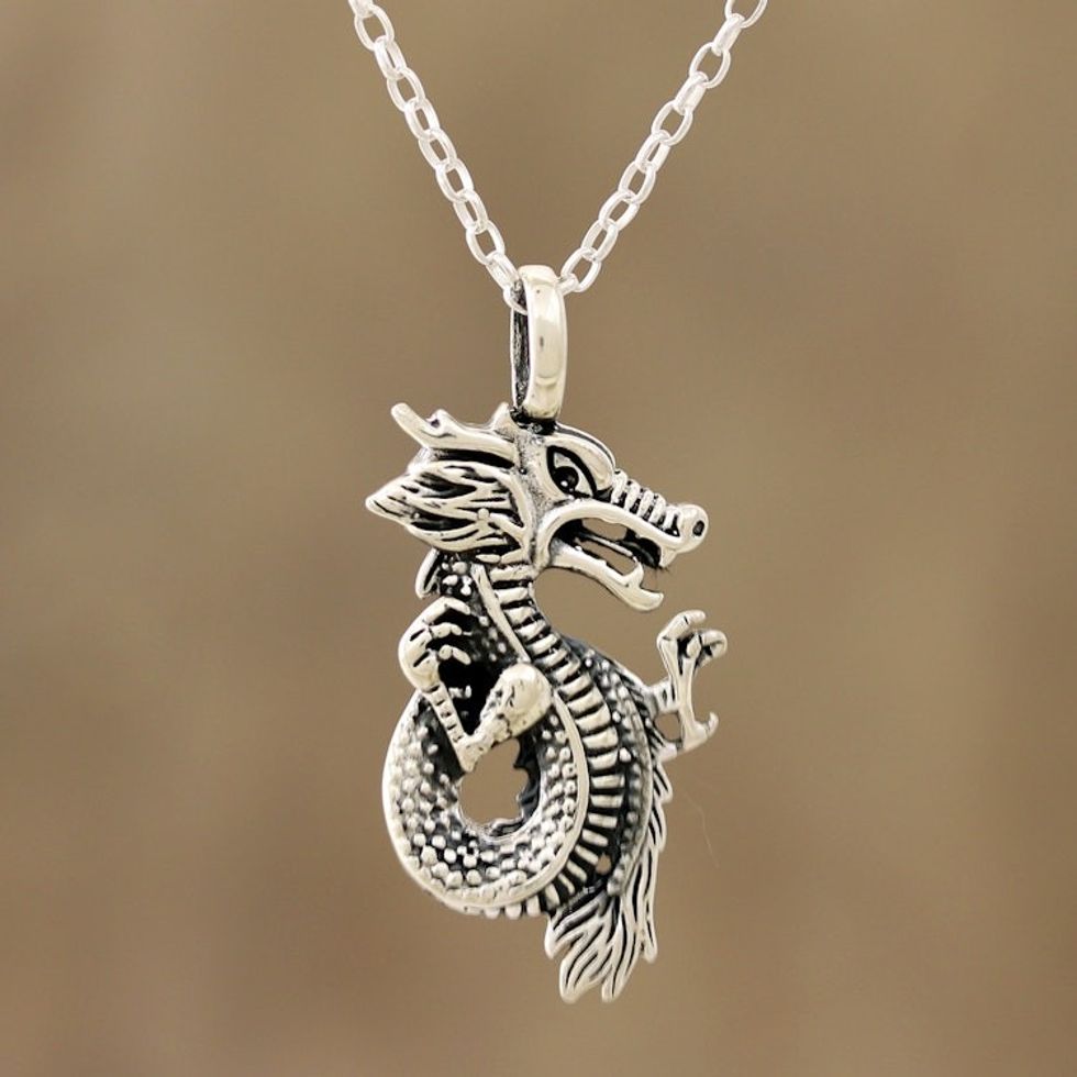 Sterling Silver Dragon Pendant Necklace from India 'Fearsome Dragon'