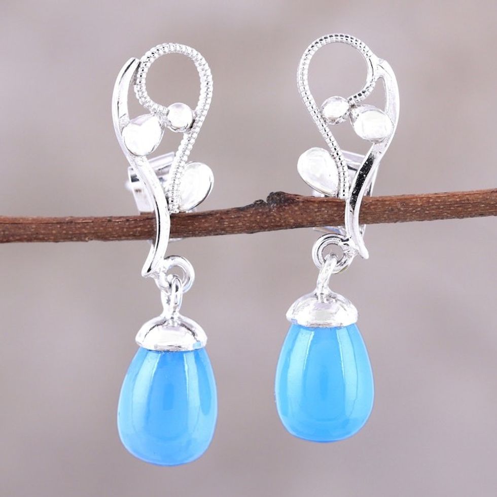 Blue Chalcedony and Sterling Silver Vine Dangle Earrings 'Garden Melody'