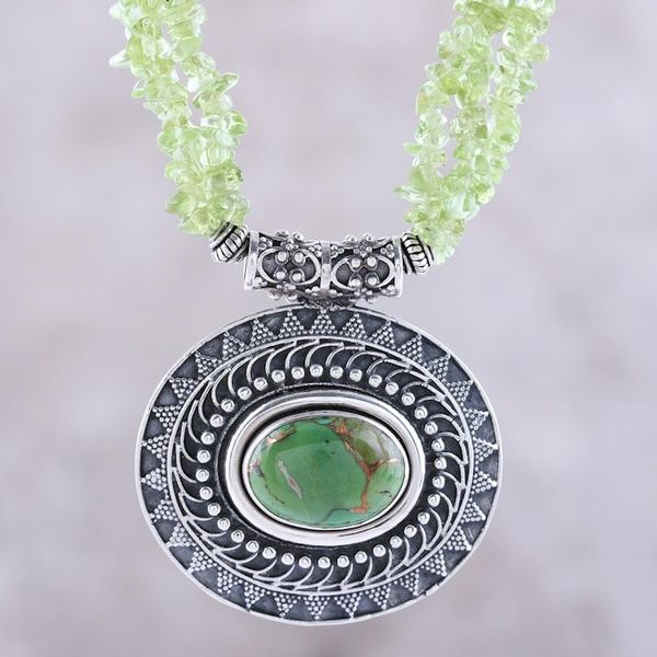 Alternate image for Peridot and Composite Turquoise Beaded Pendant Necklace Gleaming Glamour