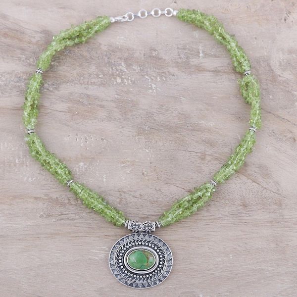 Alternate image for Peridot and Composite Turquoise Beaded Pendant Necklace Gleaming Glamour