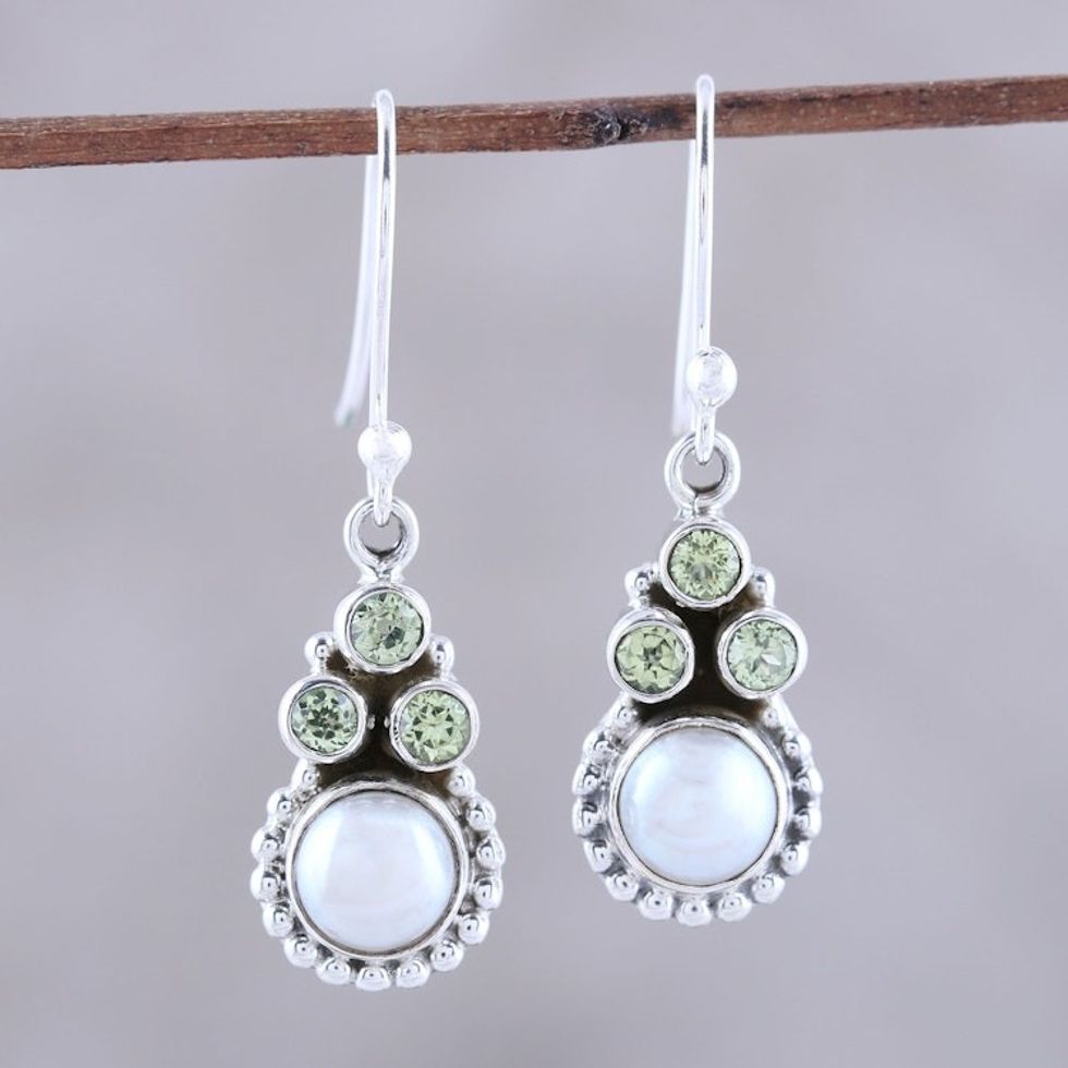 Peridot and Cultured Pearl Dangle Earrings from India 'Petite Flowers'