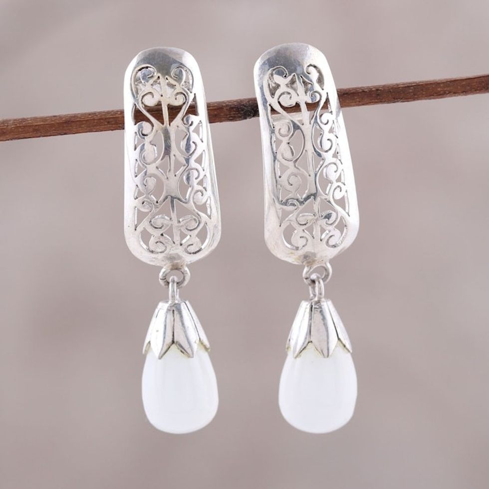 Rainbow Moonstone Sterling Silver Cutwork Dangle Earrings 'Enchanted Evening'