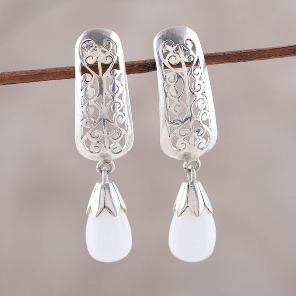 Alternate image for Rainbow Moonstone Sterling Silver Cutwork Dangle Earrings Enchanted Evening