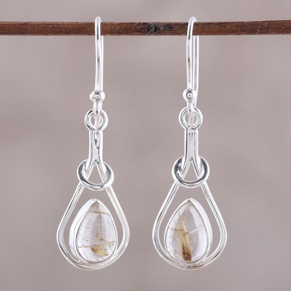 Alternate image for Golden Rutilated Quartz and Sterling Silver Dangle Earrings Fascinating Droplets