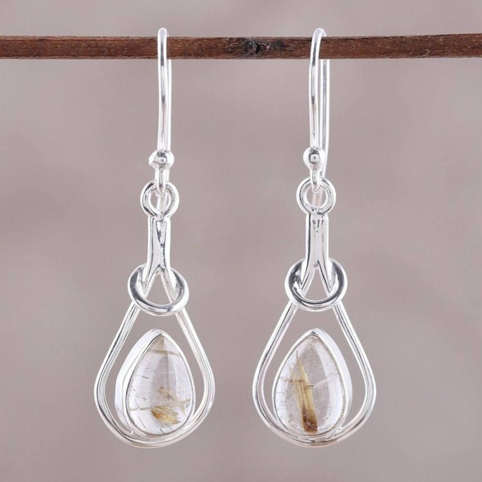 Golden Rutilated Quartz and Sterling Silver Dangle Earrings 'Fascinating Droplets'
