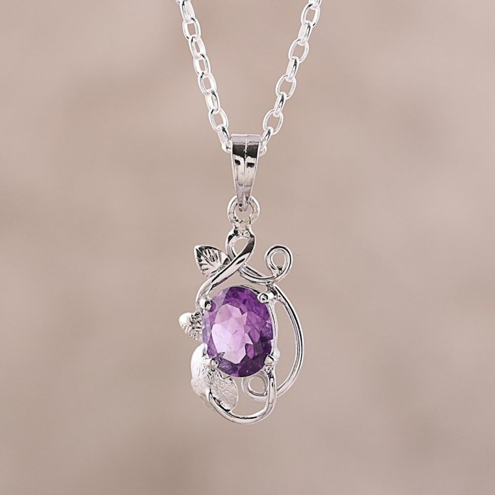 Leafy Rhodium Plated Amethyst Pendant Necklace from India 'Lilac Dazzle'
