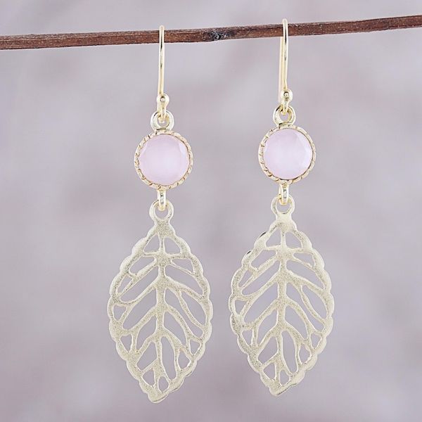 Alternate image for Gold Plated Rose Quartz Leaf Earrings from India Jaipur Leaves